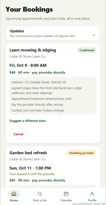 Homeowner appointments showing services, providers, dates, and status