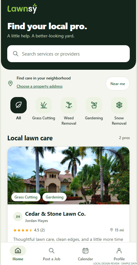 Homeowner search and local lawn care provider listings