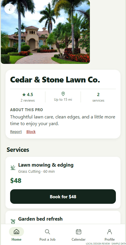 Homeowner view of a provider’s services and prices
