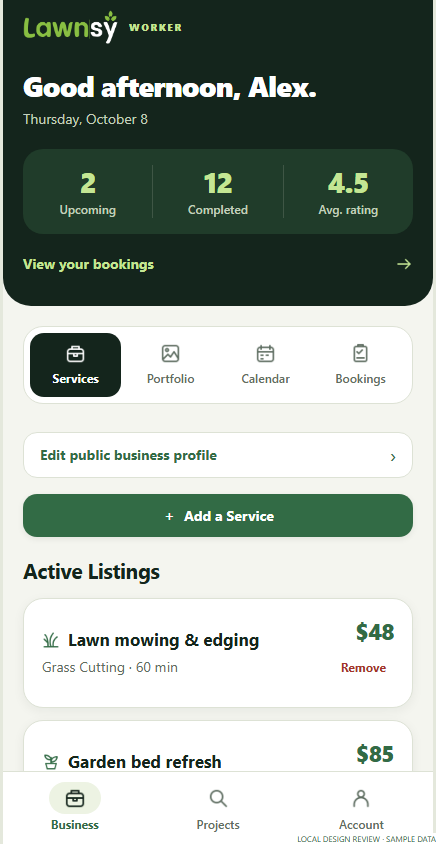 Provider app with service listings and prices