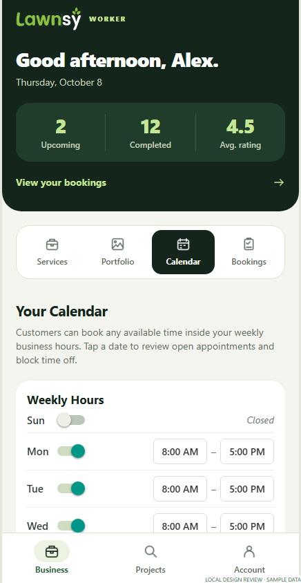 Provider calendar with weekly working hours